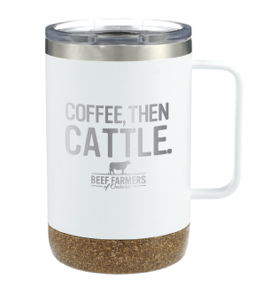 White mug with 'Coffee, Then Cattle' text and cork base on a white background