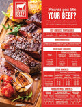 Beef cooking guide with images of cooked beef and a red background